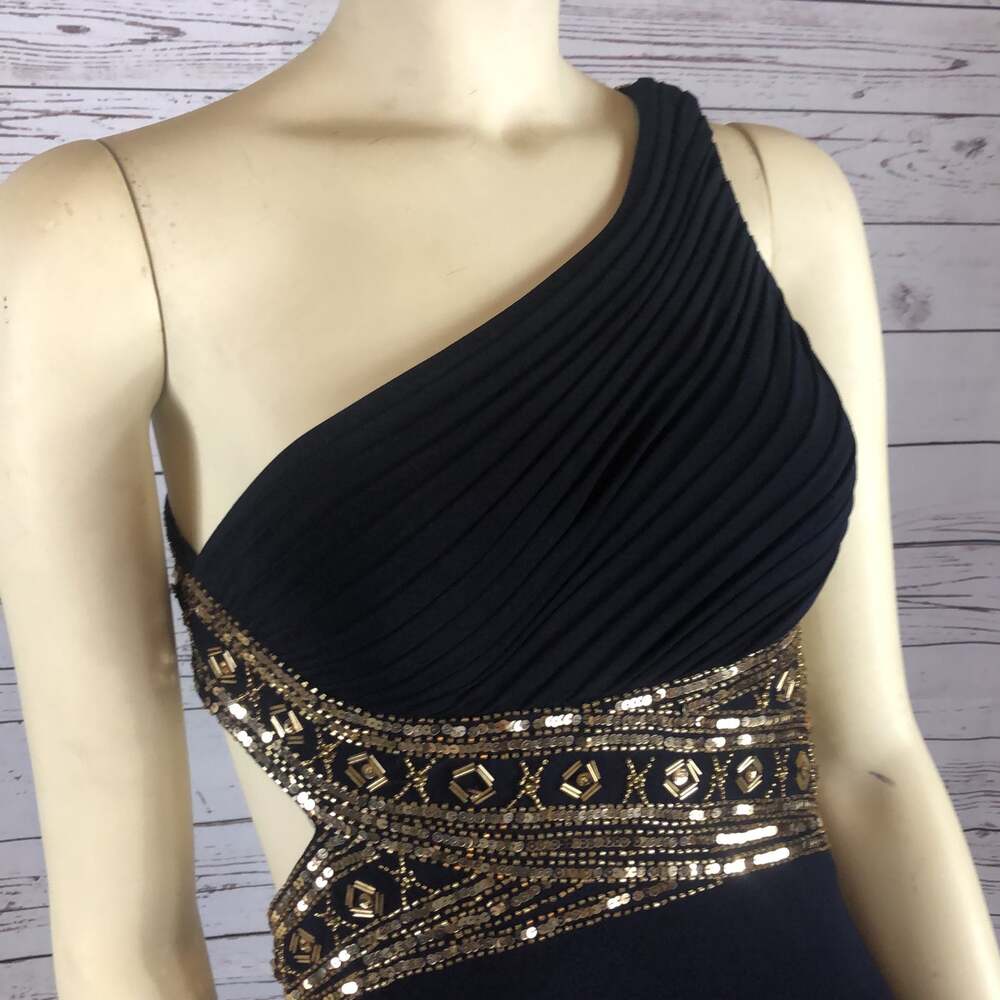 Betsy & Adam One Shoulder Navy Gold Gown NWT Size 4 - Picture 10 of 12
